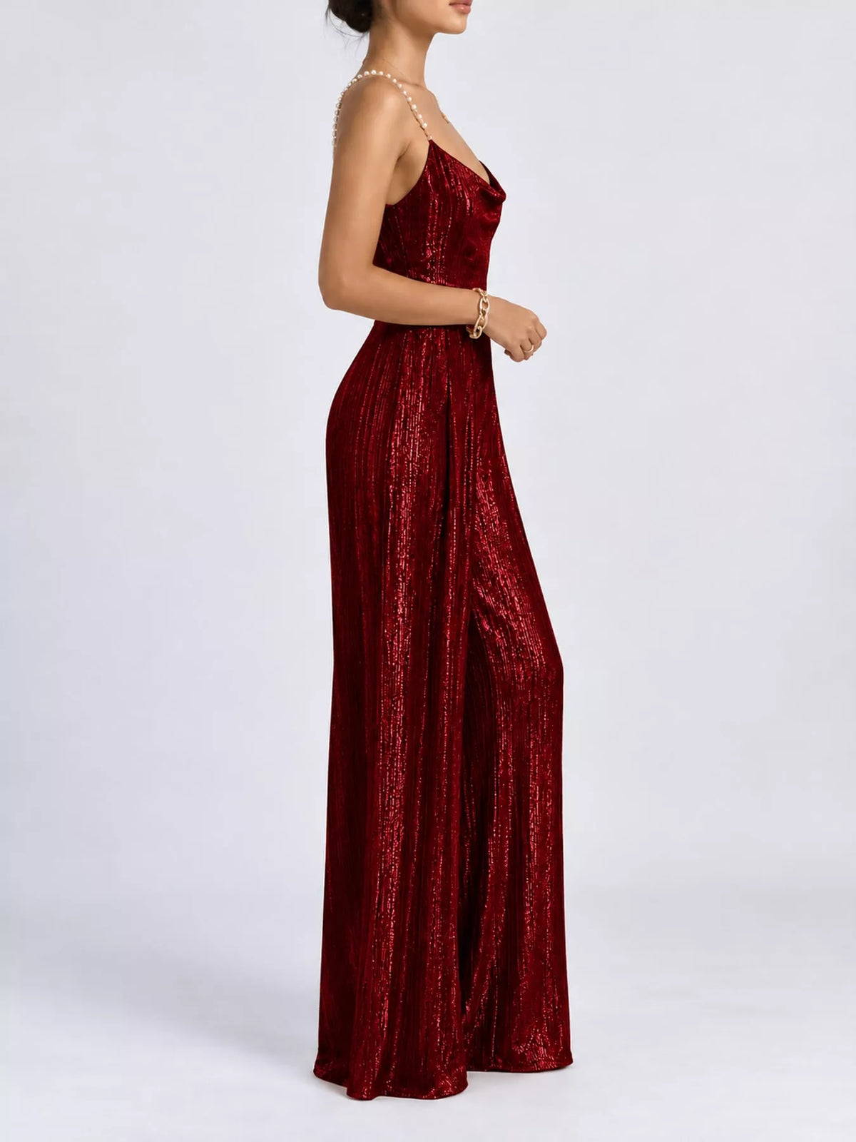 Metallic Wide-Leg Jumpsuit with Pearl Strap Detail in burgundy