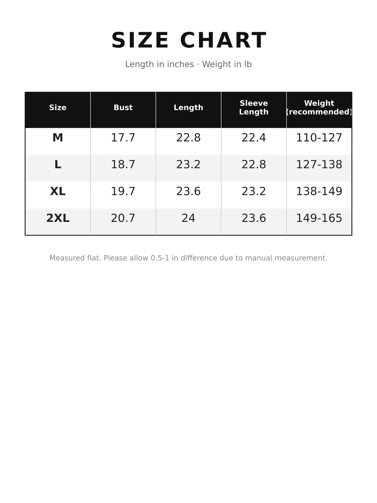 Size chart for crew neck button-front cardigan