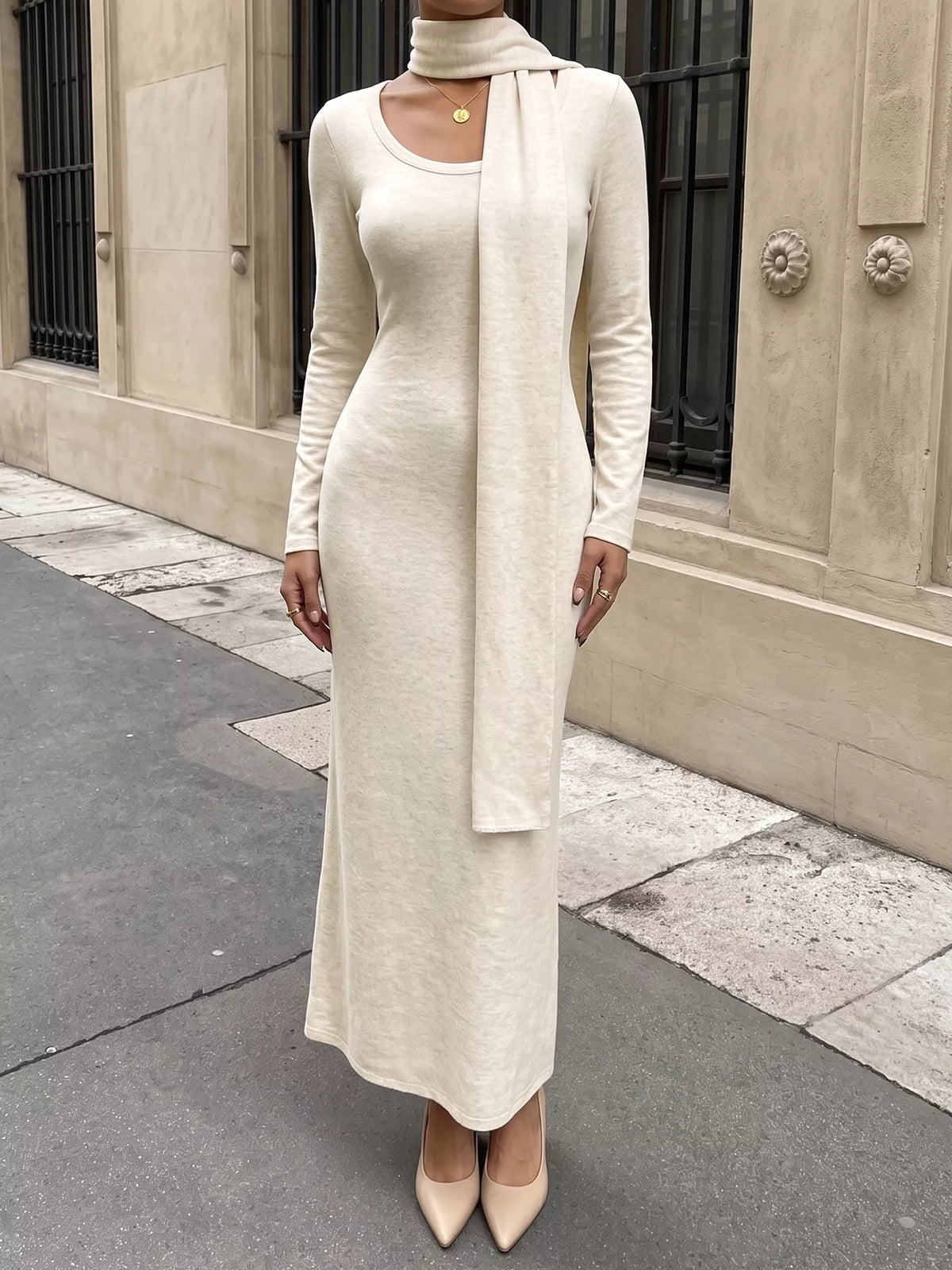 Trendsi Round Neck Maxi Knit Dress with Matching Scarf -