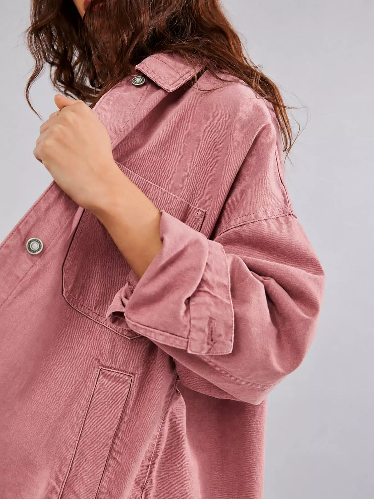 Pink button up long sleeve denim jacket