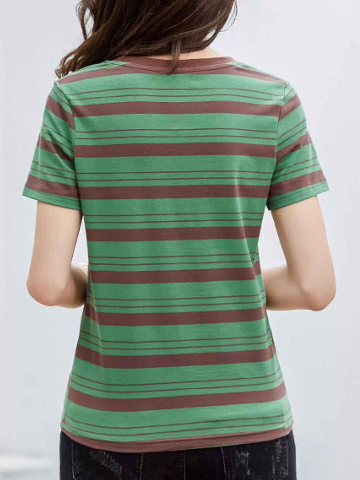 Green - Striped striped crew neck embroidered t-shirt, back view