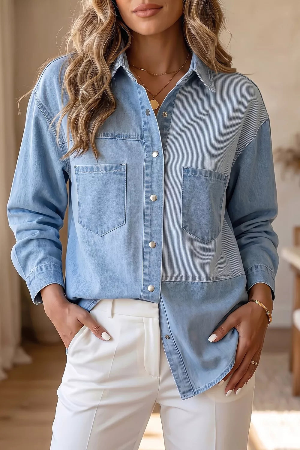 Trendsi Two-Tone Denim Patchwork Shirt -