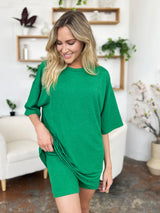 Trendsi Double Take Full Size Texture Round Neck Drop Shoulder T-Shirt and Shorts Set - Shorts