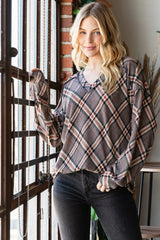Trendsi Heimish Plaid Exposed Seam V-Neck T-Shirt - Shirts