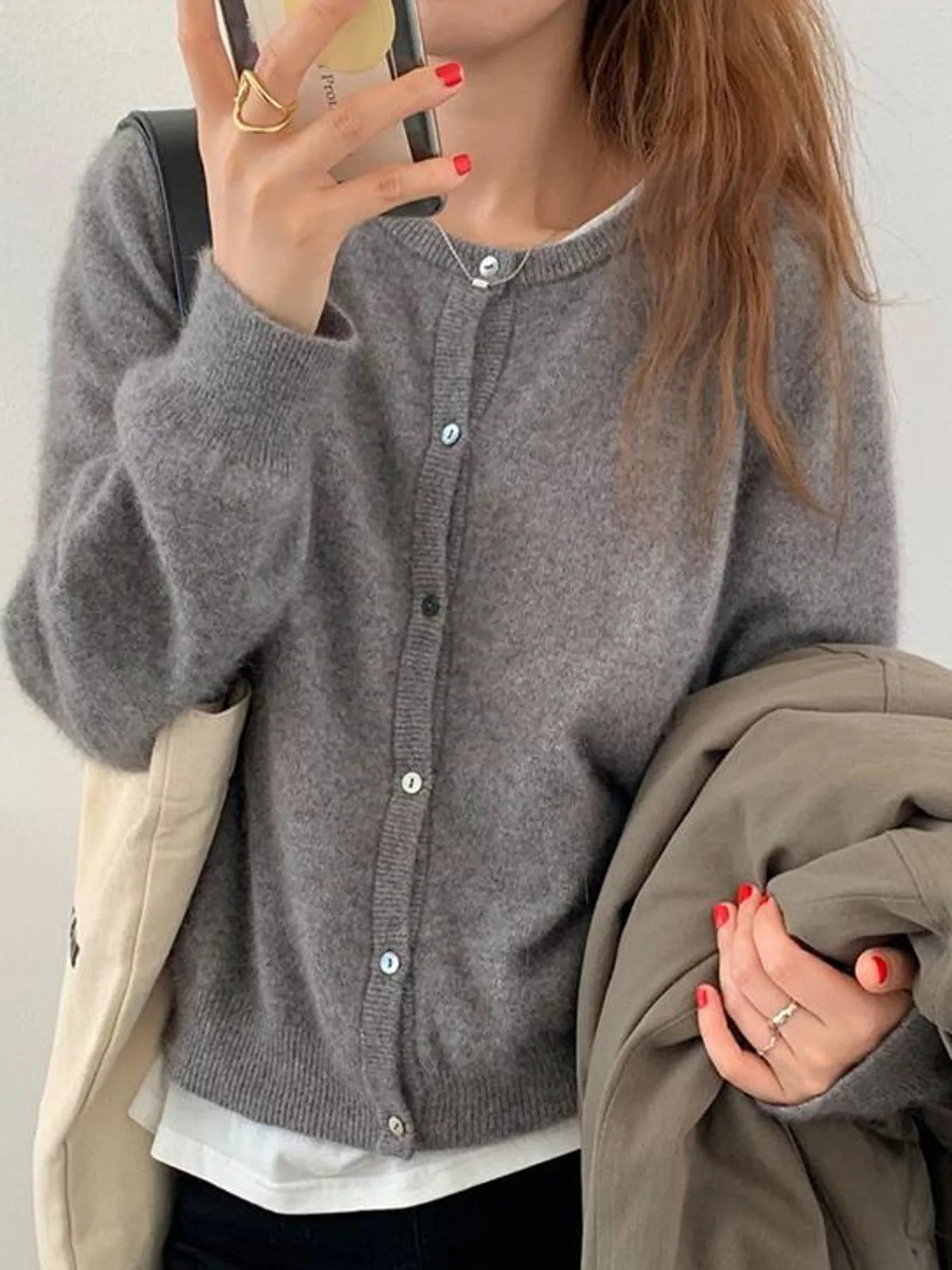 Women's Crew Neck Button-Down Knit Cardigan in gray — front view