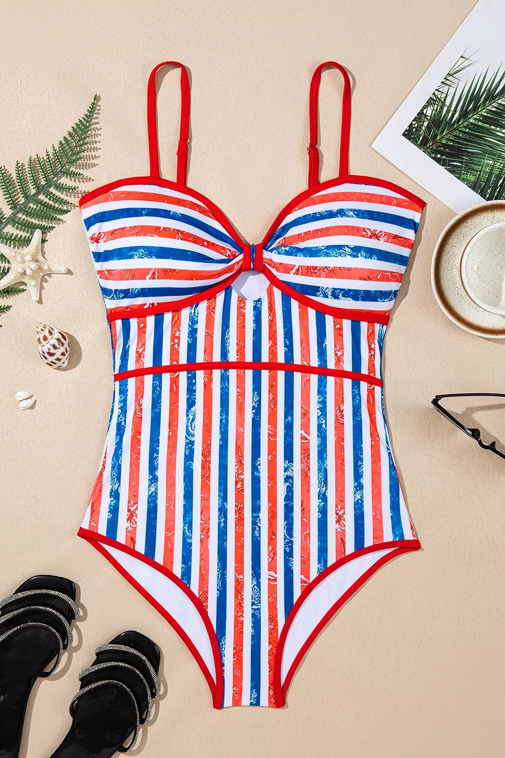 Trendsi July 4th Stripes Impression Cutout Spaghetti Straps One Piece Swimsuit -