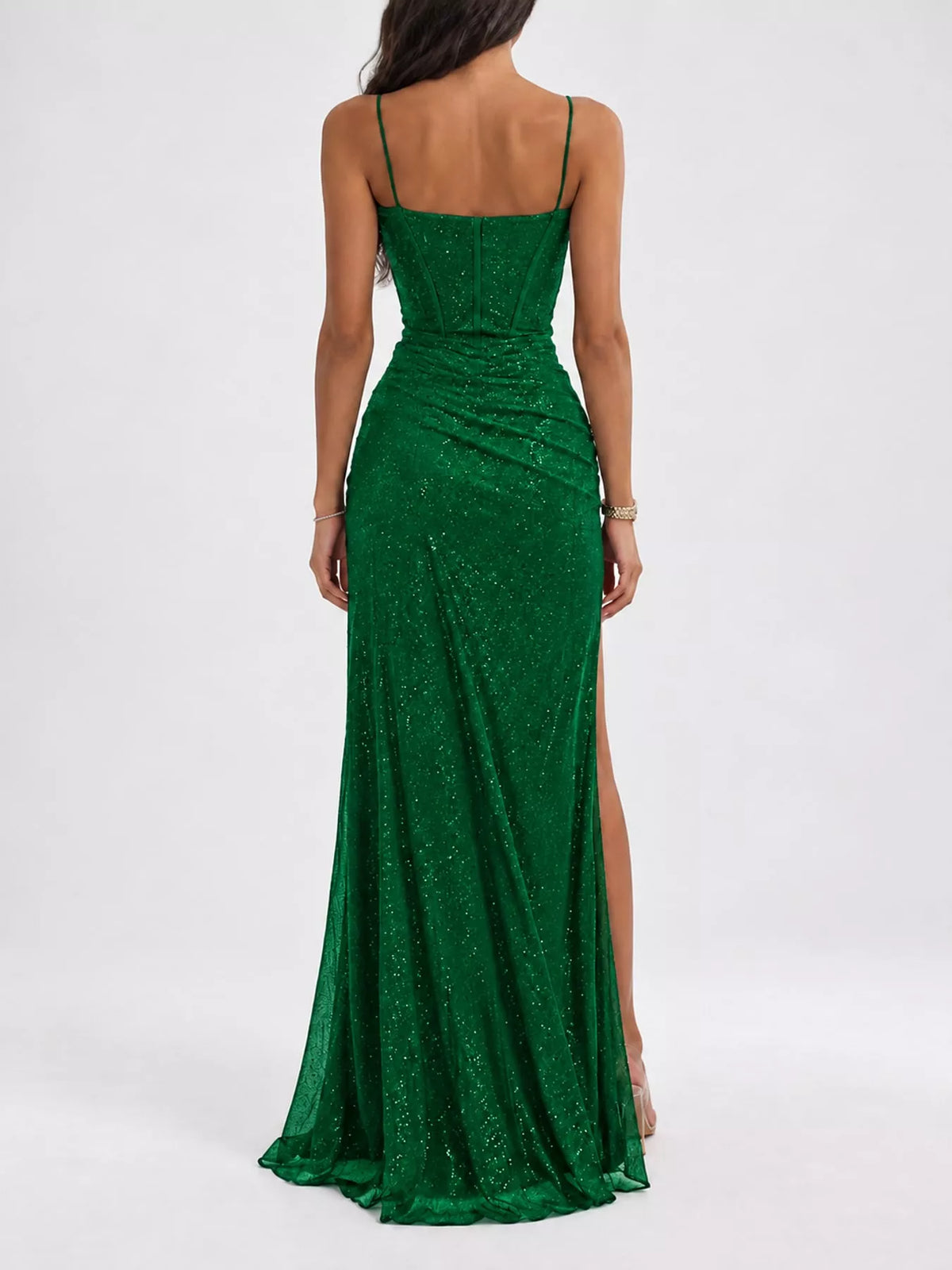 Green high-slit glitter maxi evening dress — back view