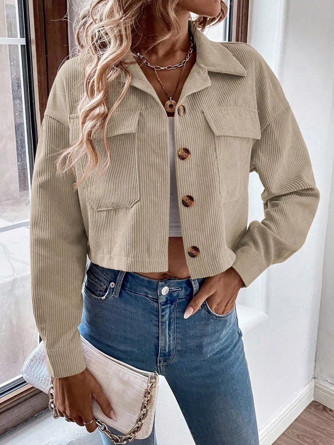Trendsi Cropped Corduroy Button-Down Jacket -