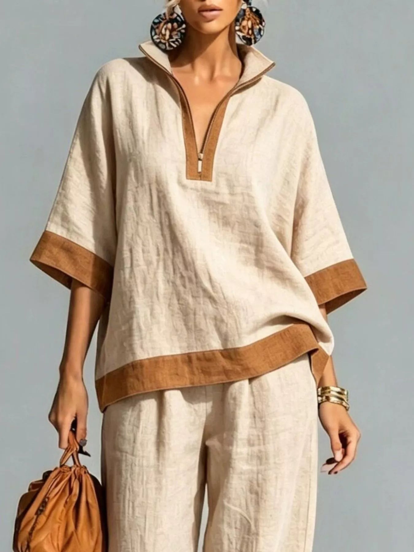 Trendsi Full Size Contrast Trim Top and Wide Leg Pants Set Plus Size -