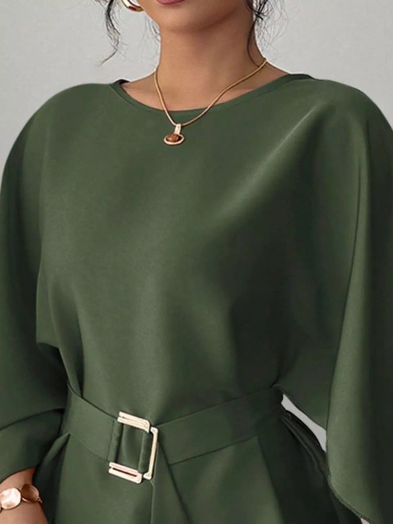 Round-neck belt batwing-sleeve blouse
