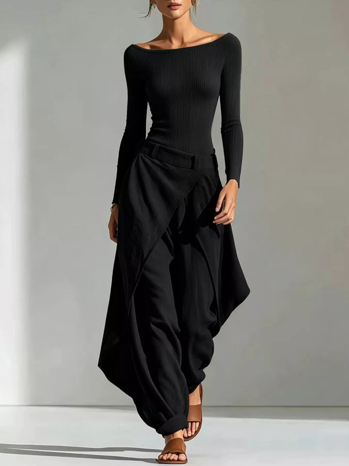 Black boat neck long sleeve top and wrap pants set — front view