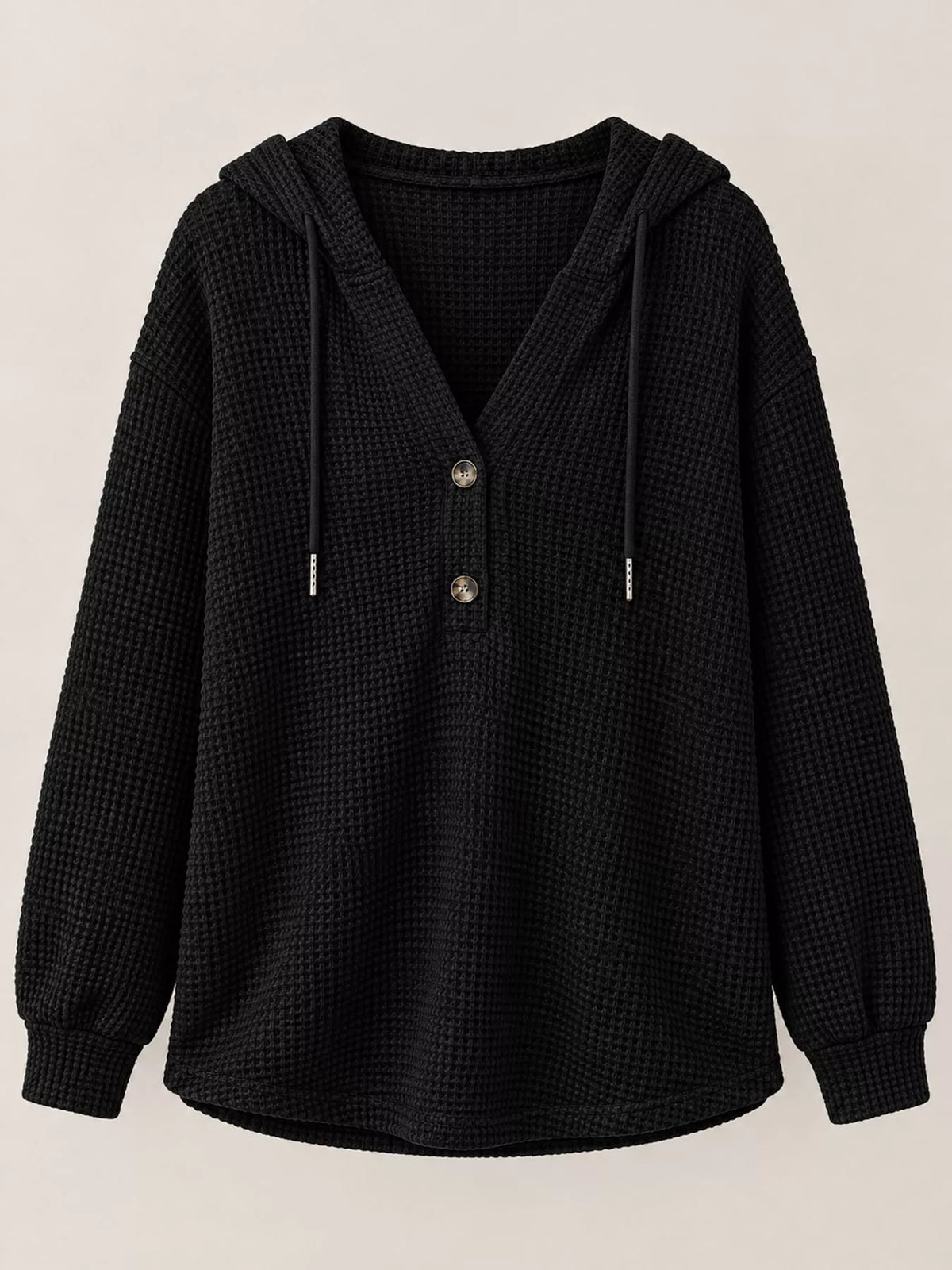 Black waffle knit button-detail hoodie, product view