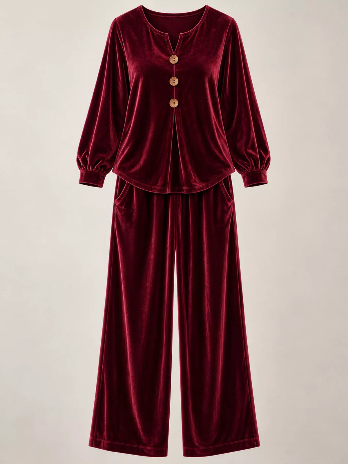 Burgundy decorative button top and pants set — front view