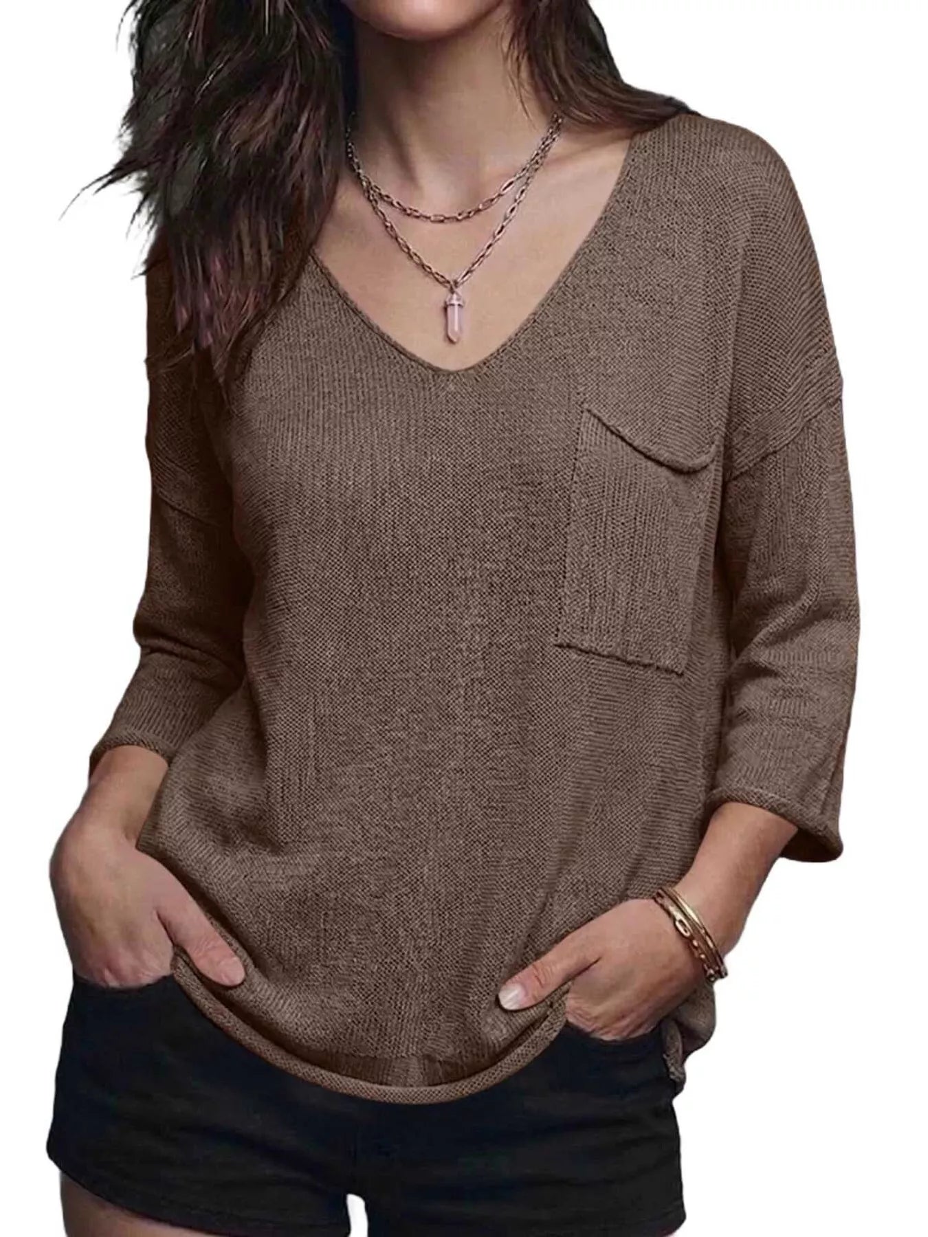 Trendsi V-Neck Chest Pocket Knit Top -