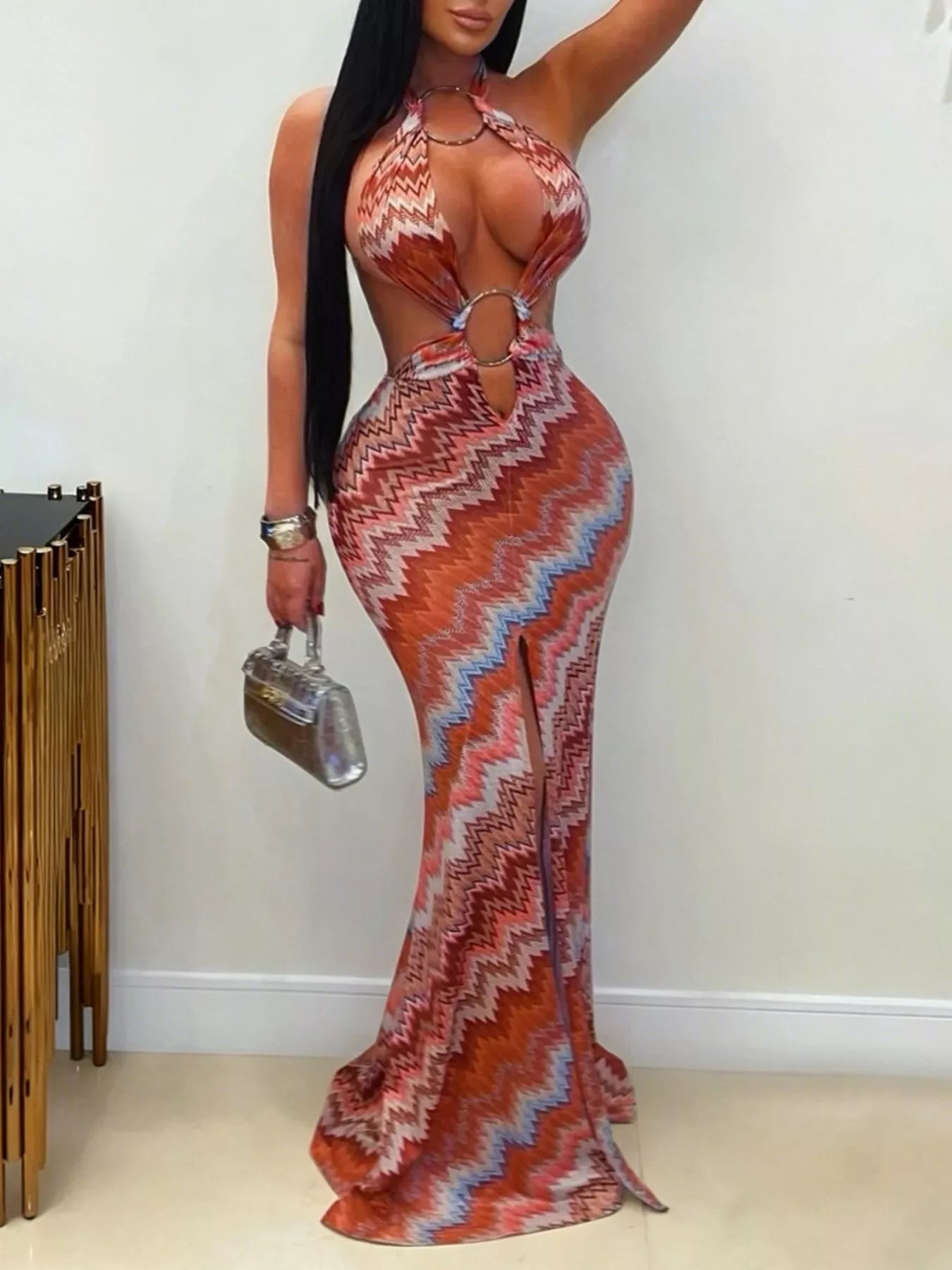 Trendsi Chevron Print Halter Neck Cut-Out Maxi Dress -