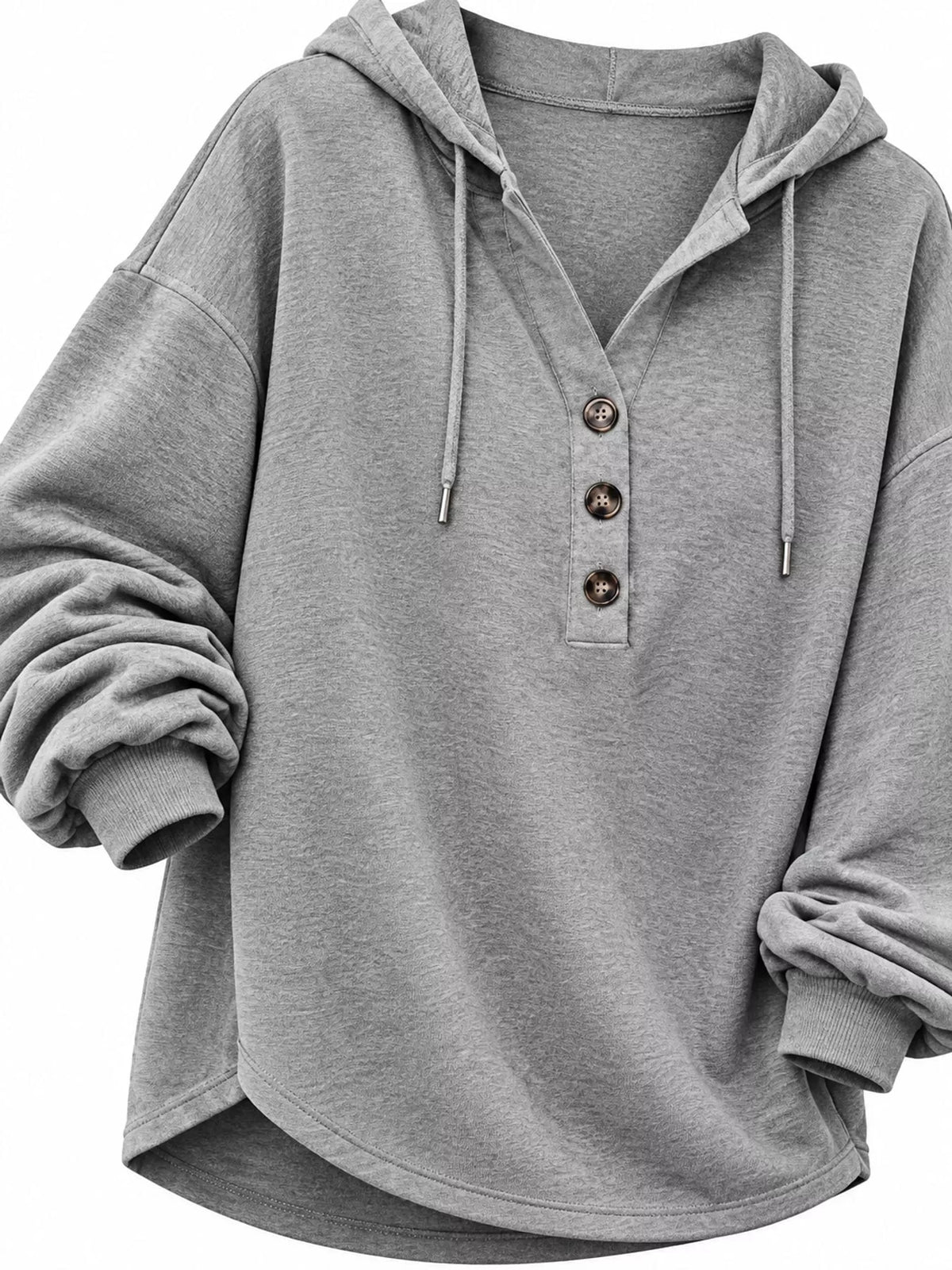 Women's Button Placket Drawstring Dropped Shoulder Hoodie in gray — front view