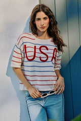 Trendsi SO ME Usa Stripe Knit Short Sleeves Sweater Top -