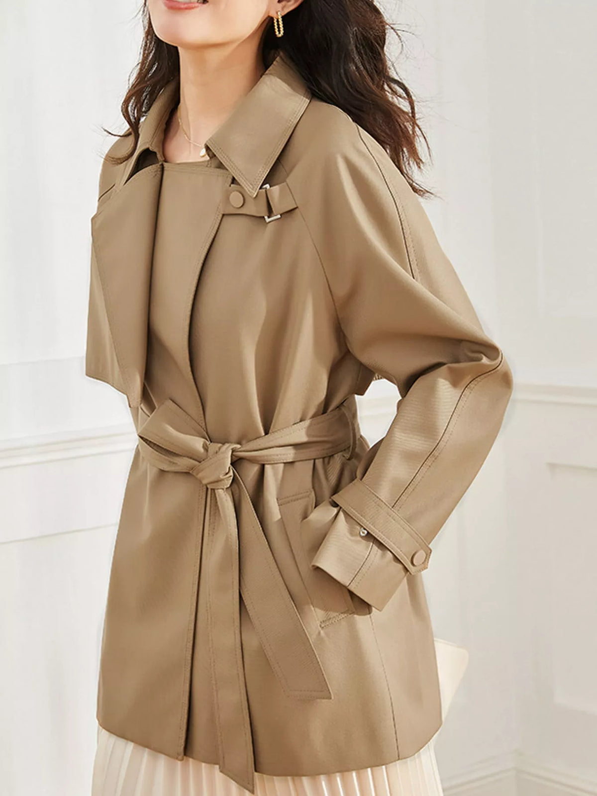 Double-Breasted Tie Waist Trench Coat in beige