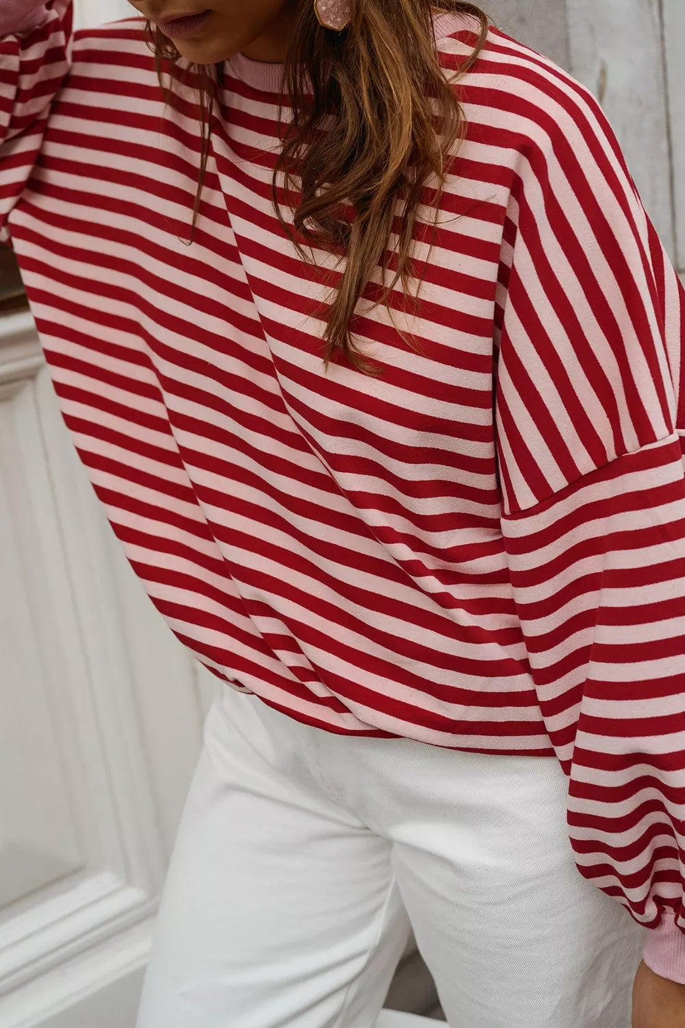 Trendsi Cutout Back Striped Round Neck Sweatshirt -