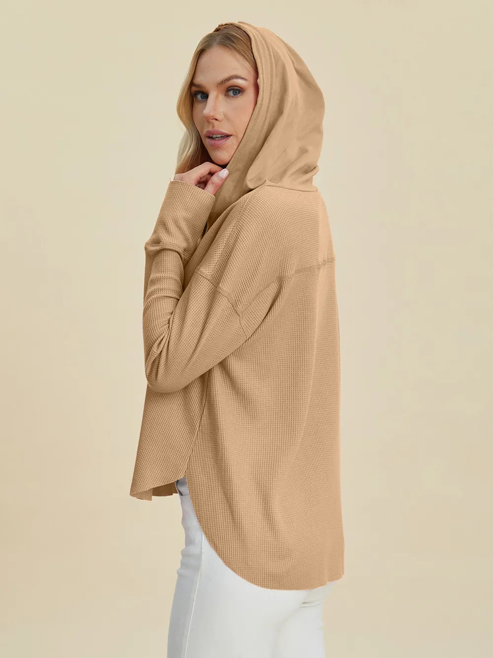 High-low dropped-shoulder long-sleeve hoodie