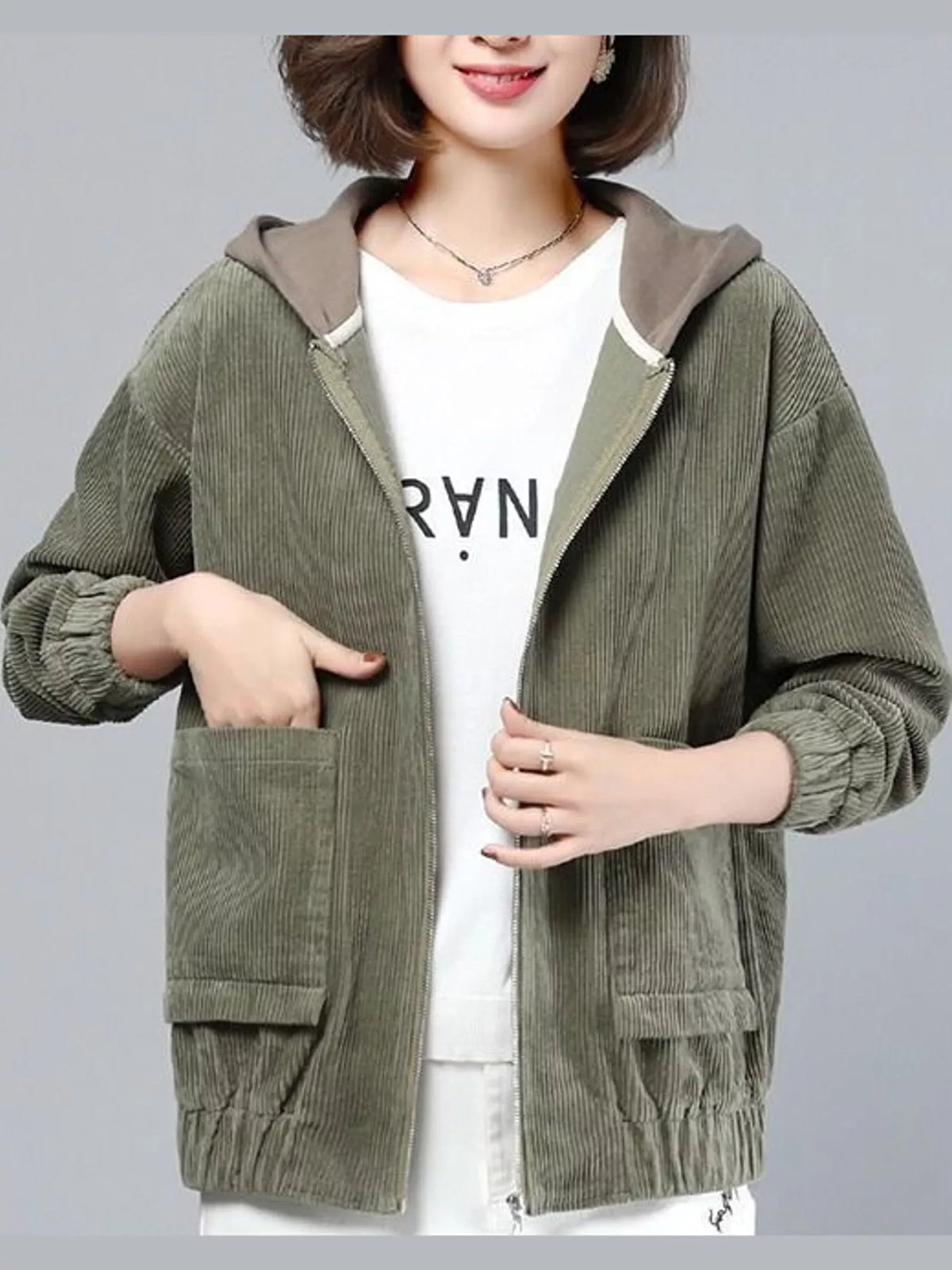 Olive corduroy hooded zip-up jacket — front view