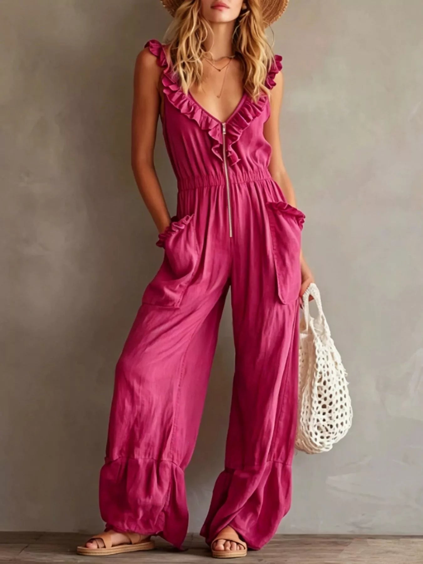 Trendsi Ruffled V-Neck Wide Leg Jumpsuit -