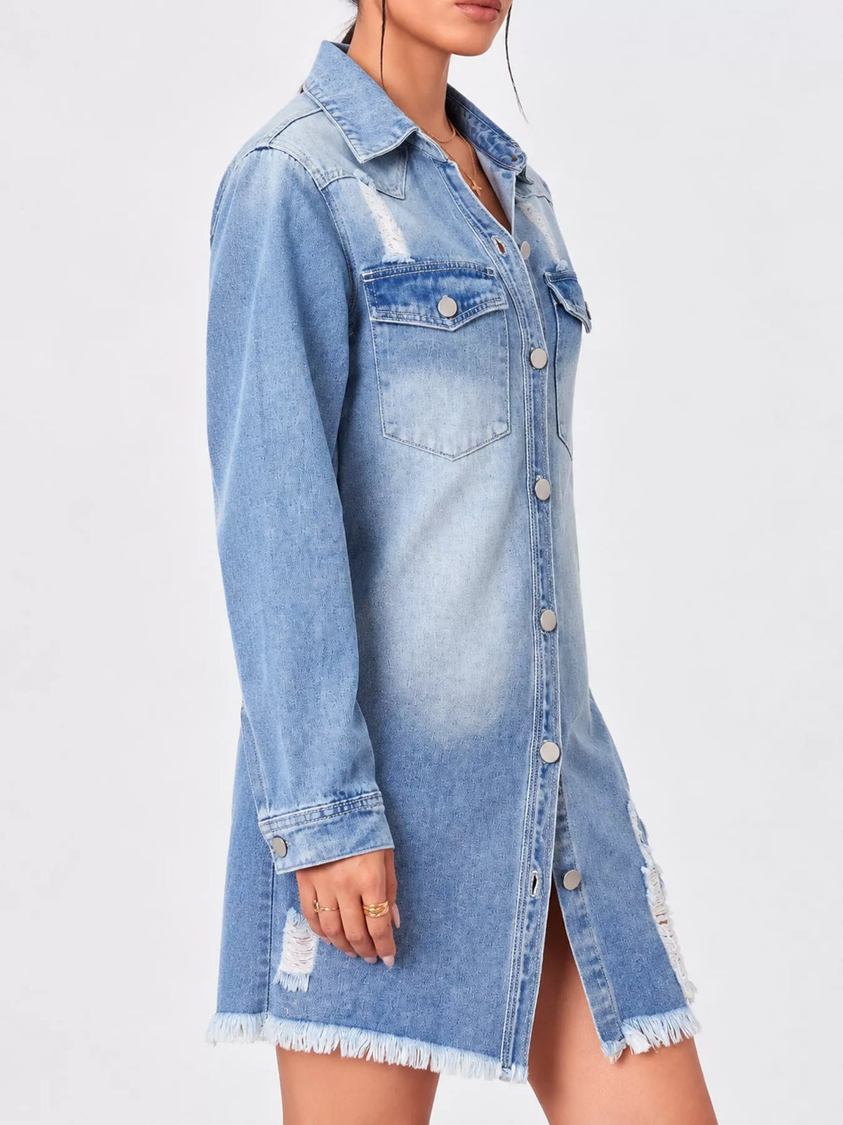 Light Blue distressed frayed hem longline denim jacket