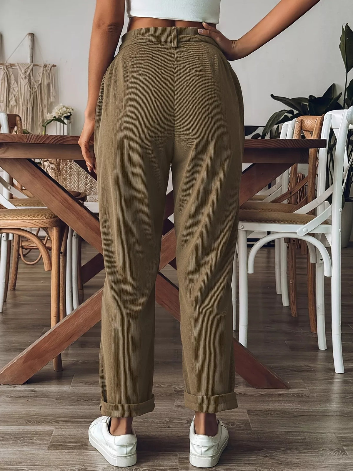Khaki Corduroy Straight-Leg Pants with Pockets back view