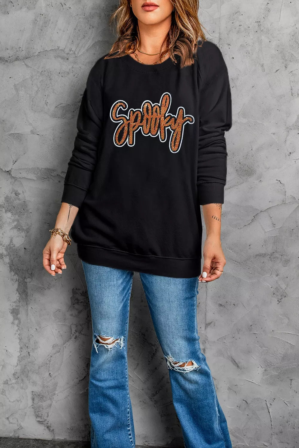 Trendsi Spooky Rhinestone Drop Shoulder Sweatshirt -