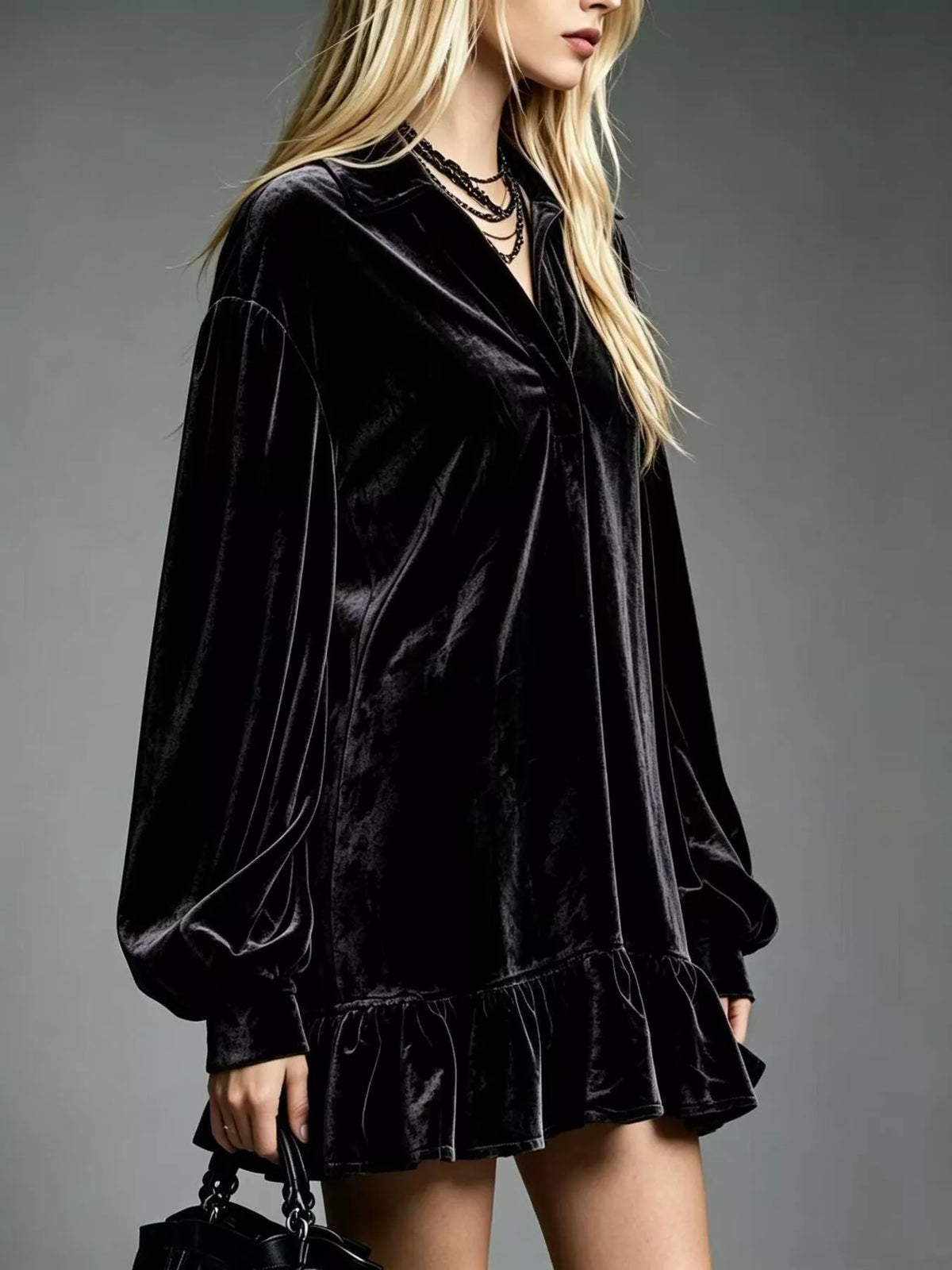 Black Velvet Long Sleeve Ruffle-Hem Mini Dress side view