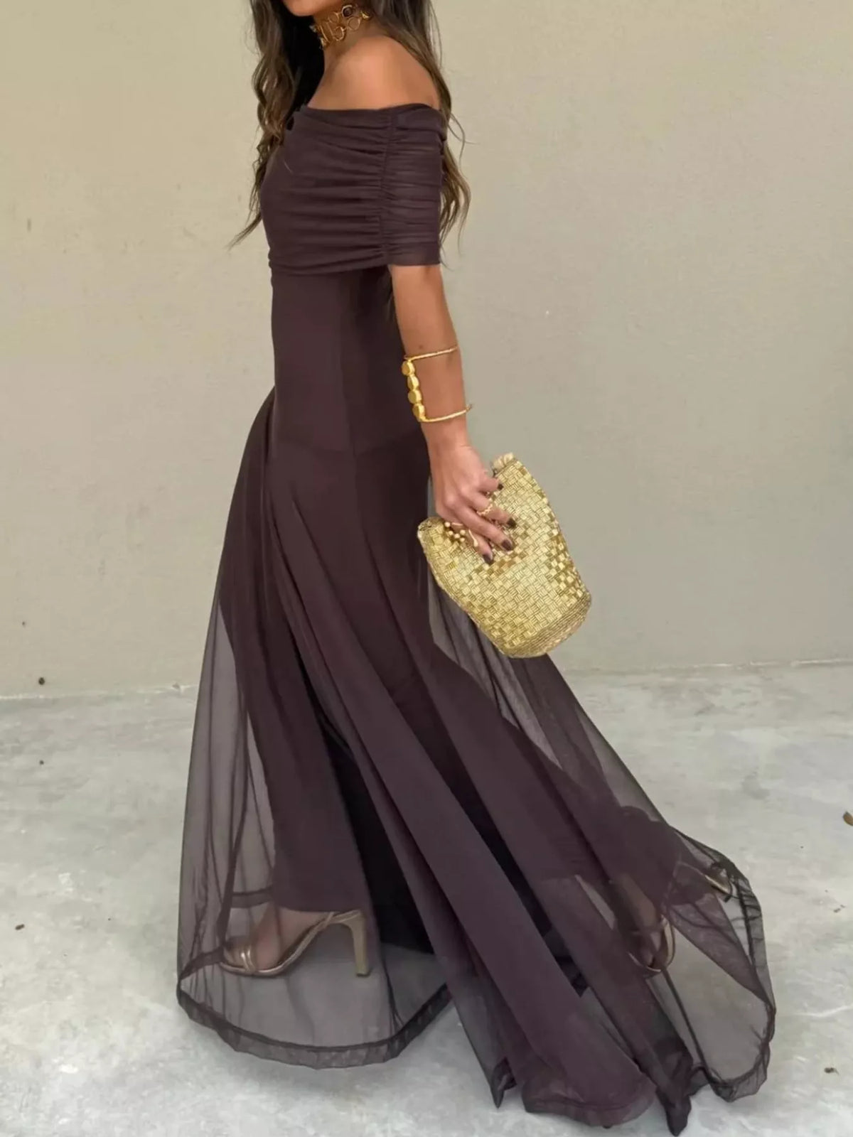 Brown off-shoulder ruched maxi dress — side view