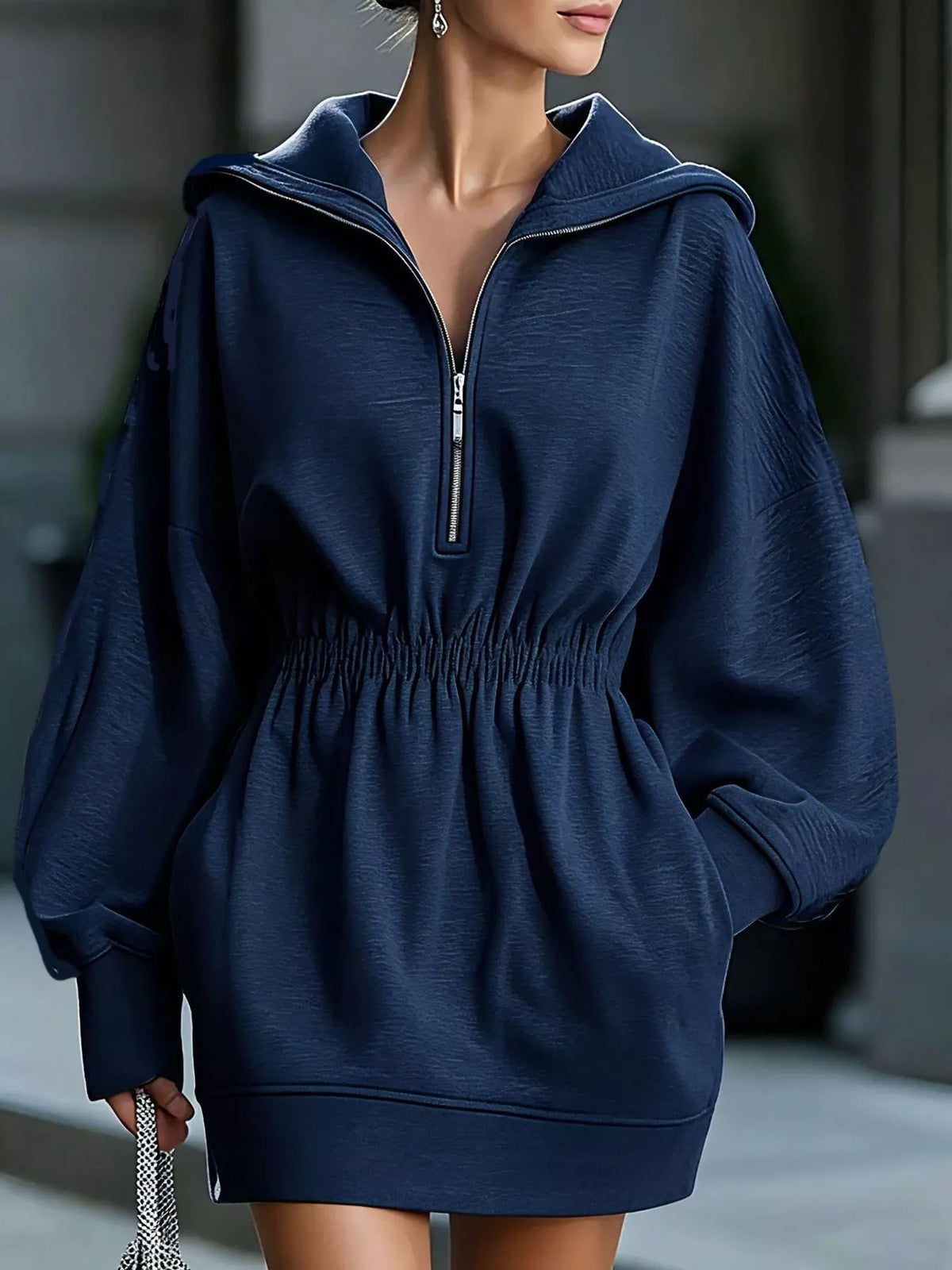 Half-Zip Hooded Sweatshirt Dress — front view