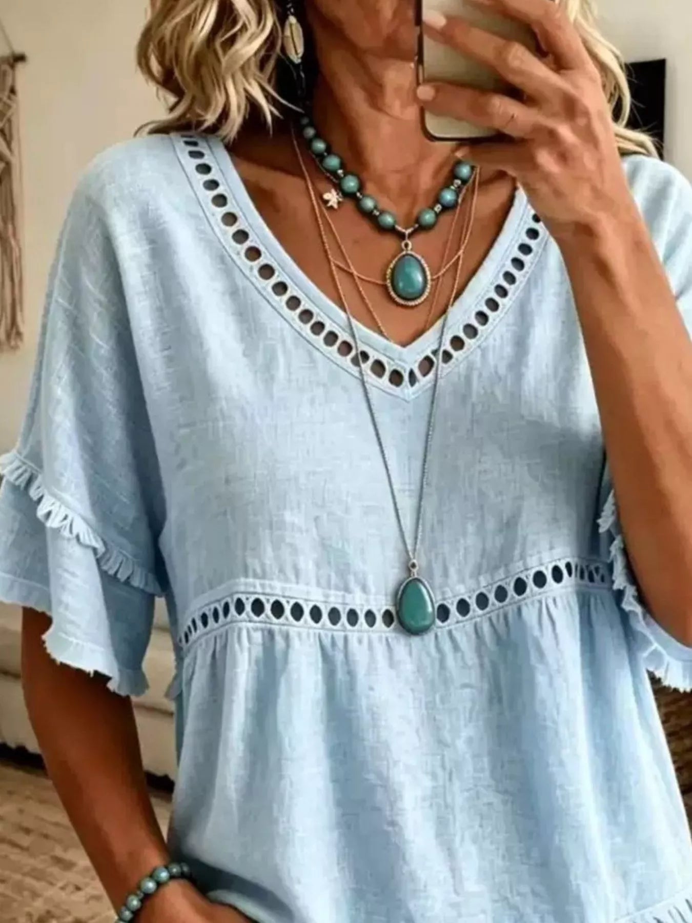 Trendsi Eyelet V-Neck Frayed Edge T-Shirt -