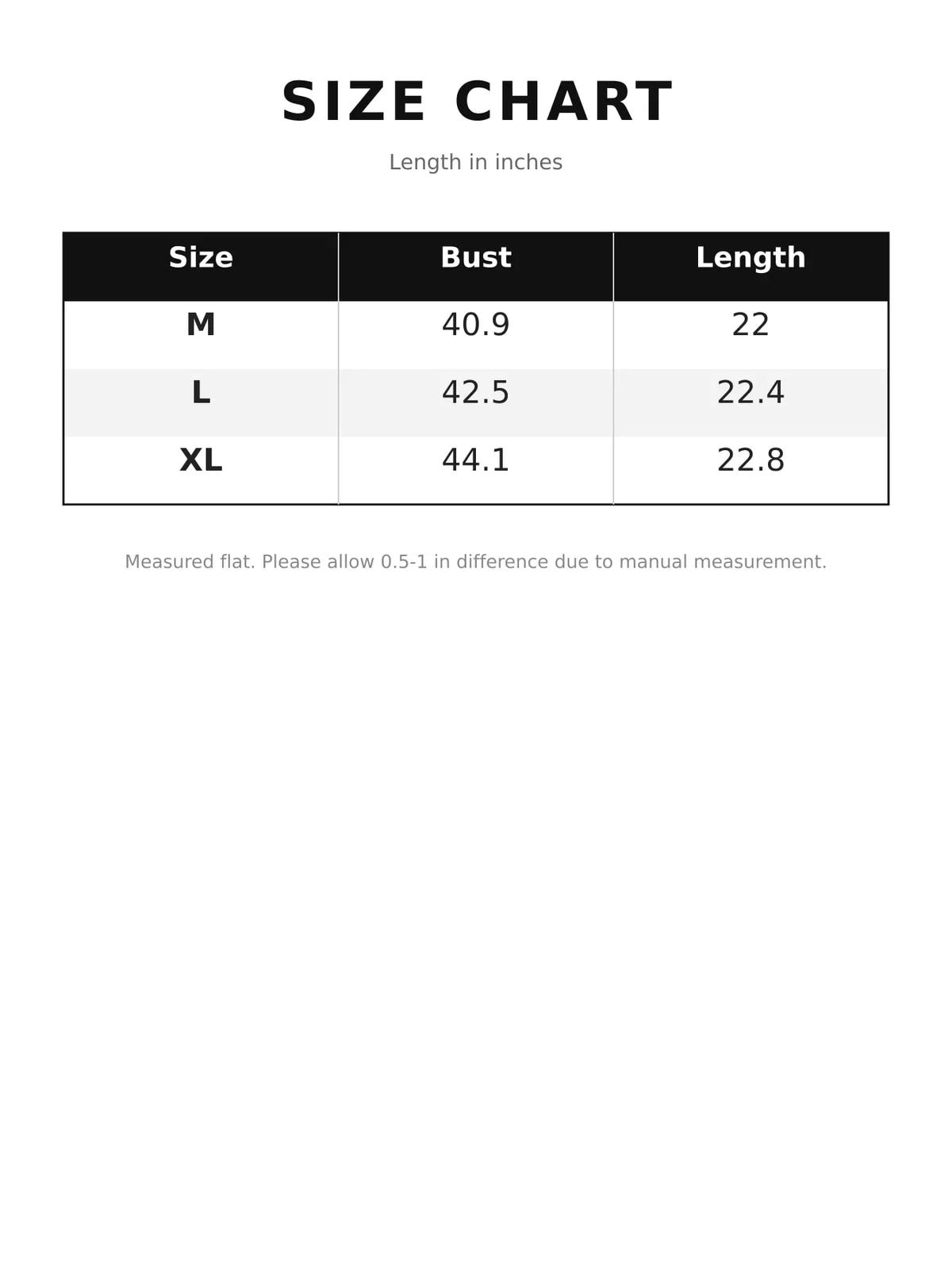 Mandarin neck long sleeve jacket, size and measurement chart