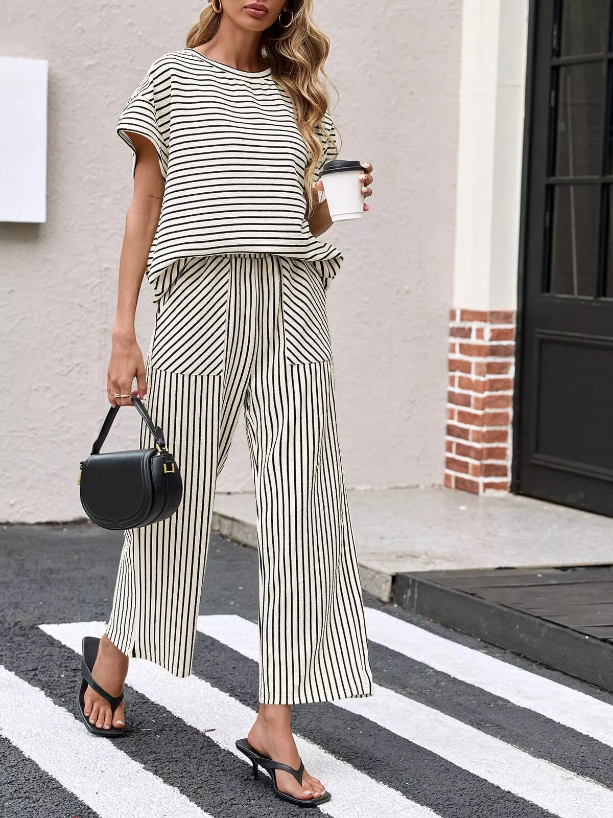 Trendsi Casual Striped Short Sleeve Top and Wide Leg Pants Two-Piece Set -
