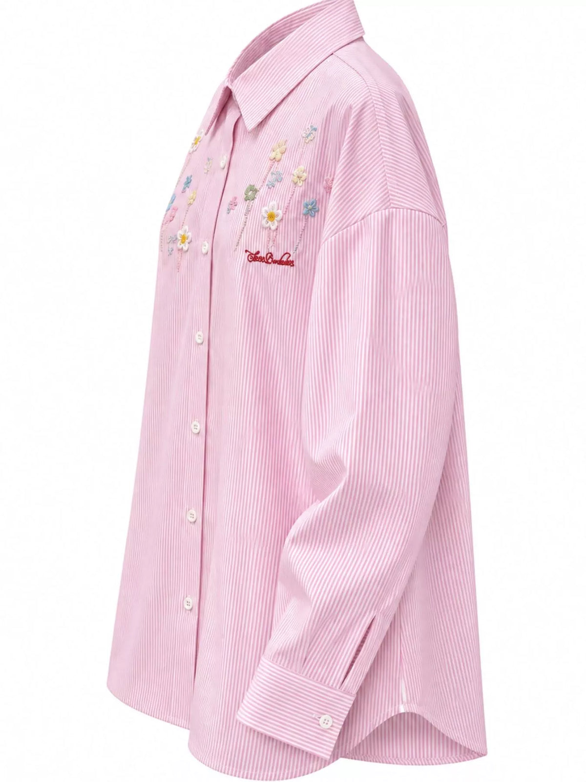 Striped Floral Embroidered Oversized Shirt in pink