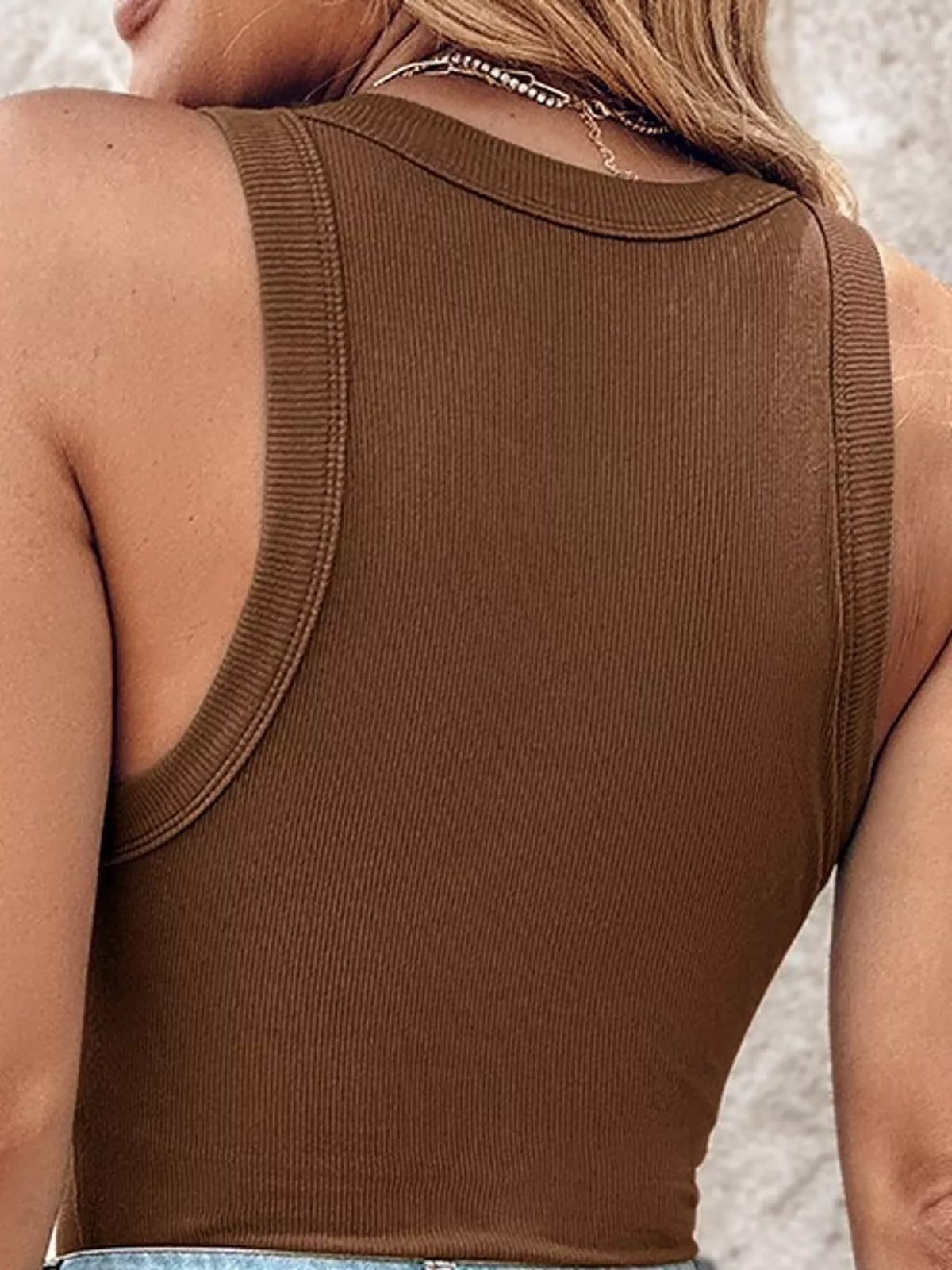 Brown ribbed knit slim fit tank top, back view