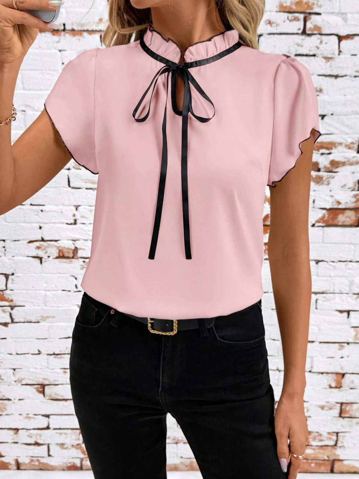 Contrast Trim Ruffle Sleeve Tie-Front Blouse, detail view in pink and black
