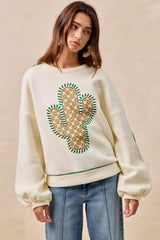 Trendsi BiBi Cactus Embroidered Fleece Sweatshirt -