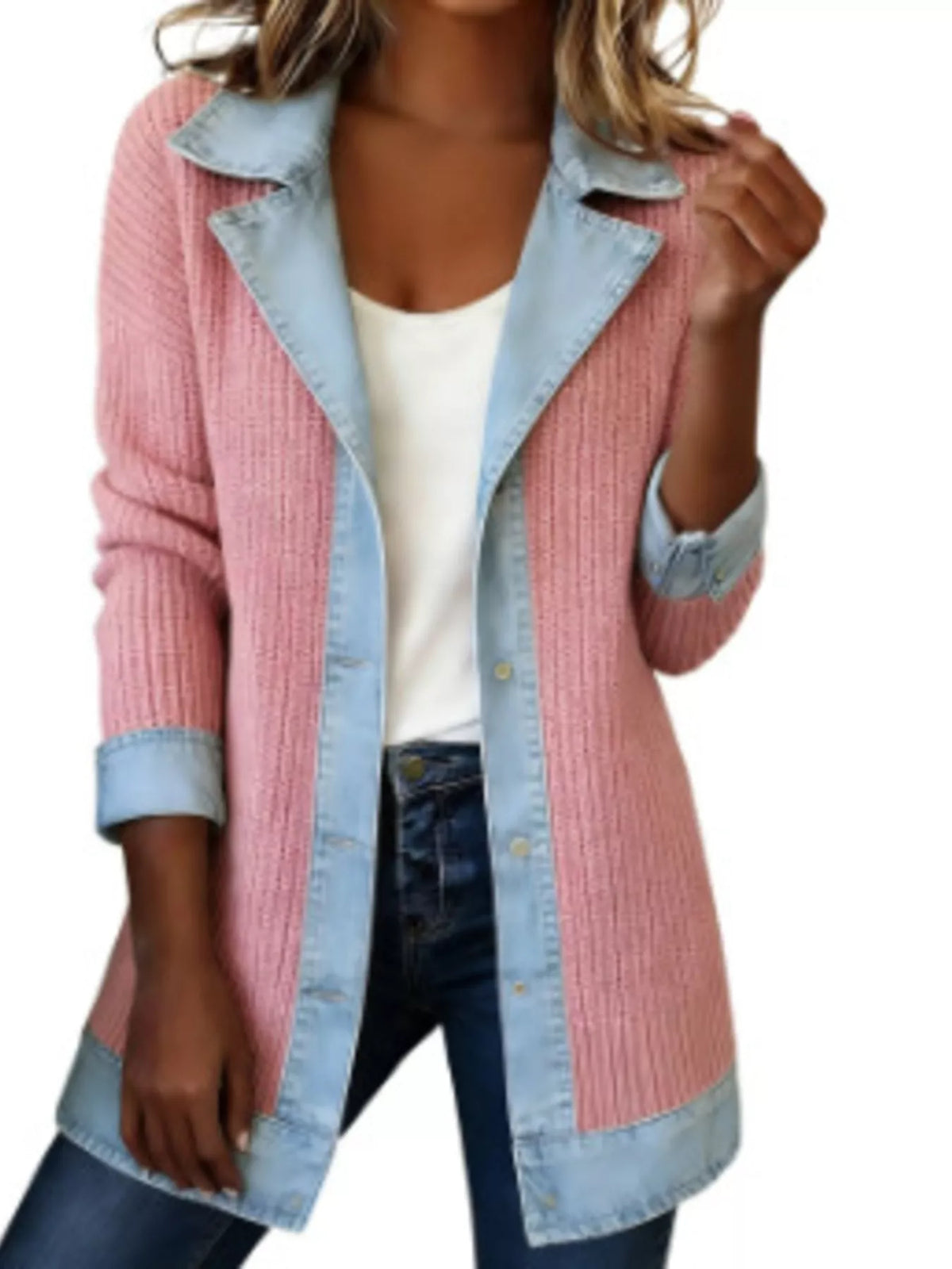Trendsi Full Size Denim Trim Ribbed Knit Jacket Plus Size -