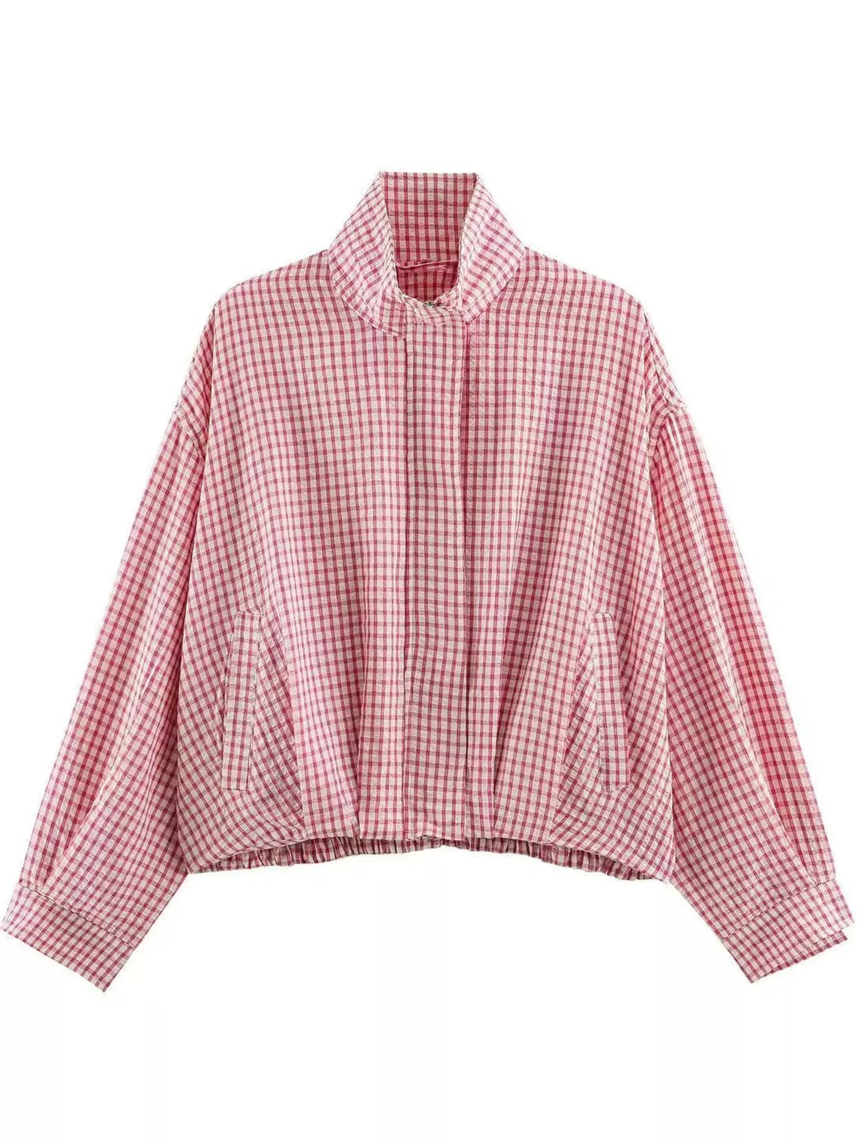 Pale Pink plaid stand-collar cropped jacket