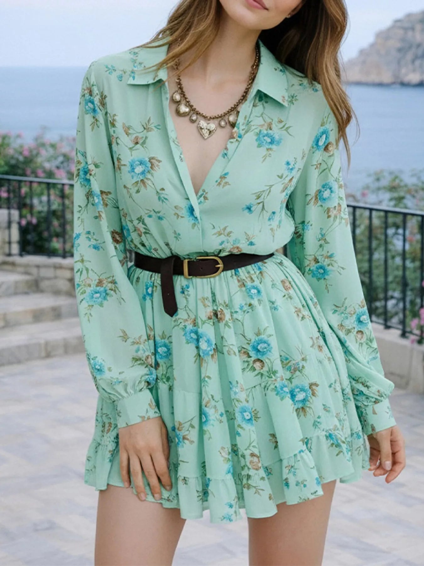 Trendsi Full Size Floral Print Long Sleeve Shirt Dress Plus Size -