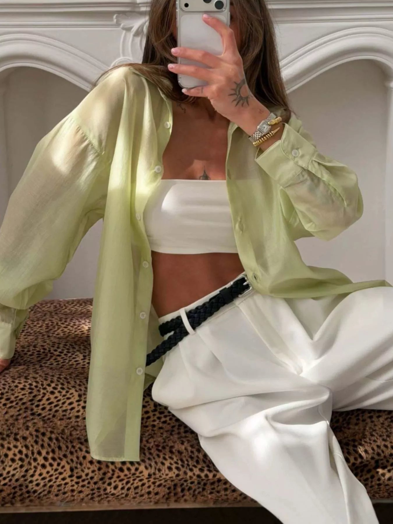 Trendsi Sheer Oversized Button-Up Shirt -