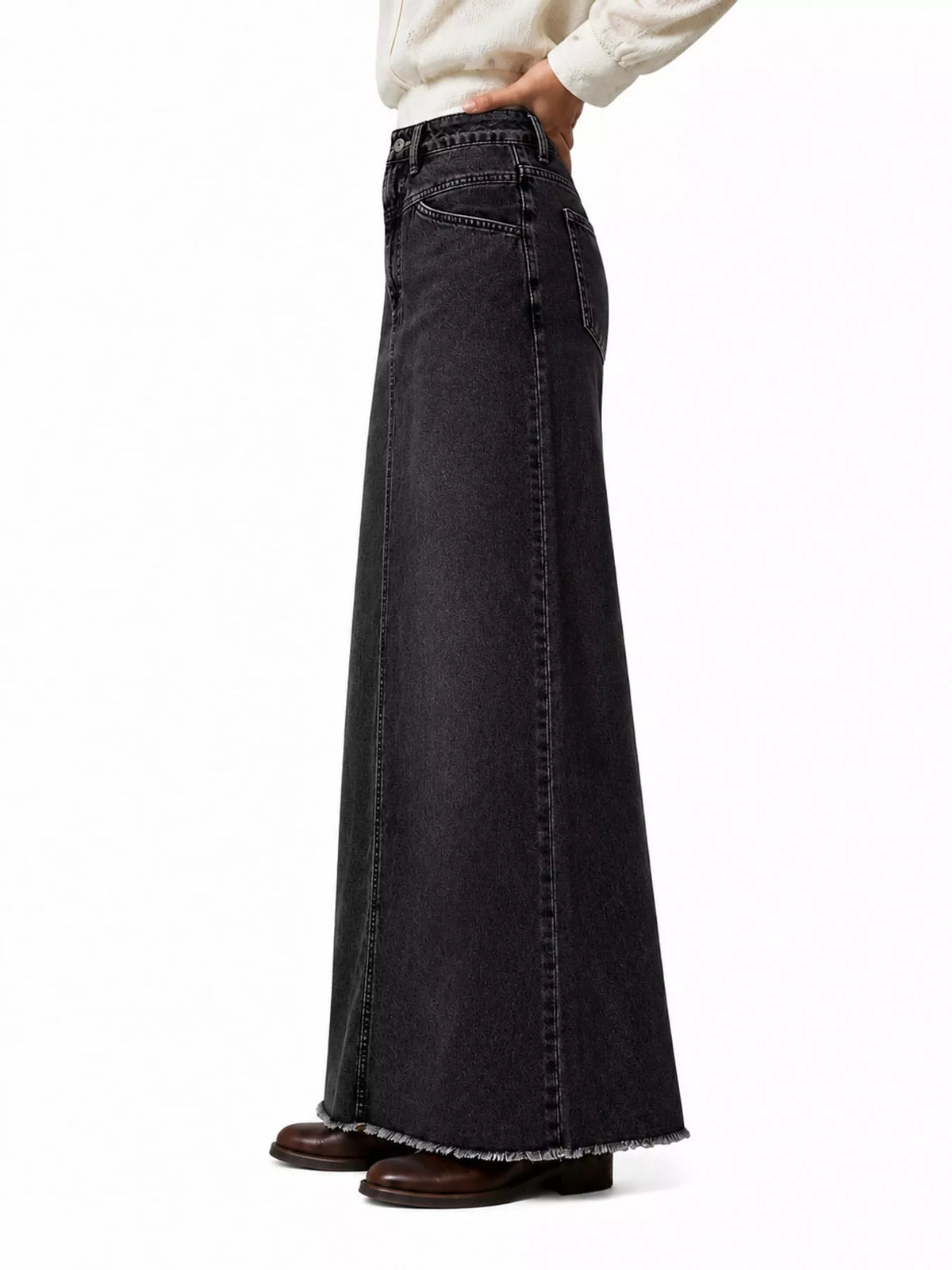 Raw Hem Maxi Denim Skirt — side view
