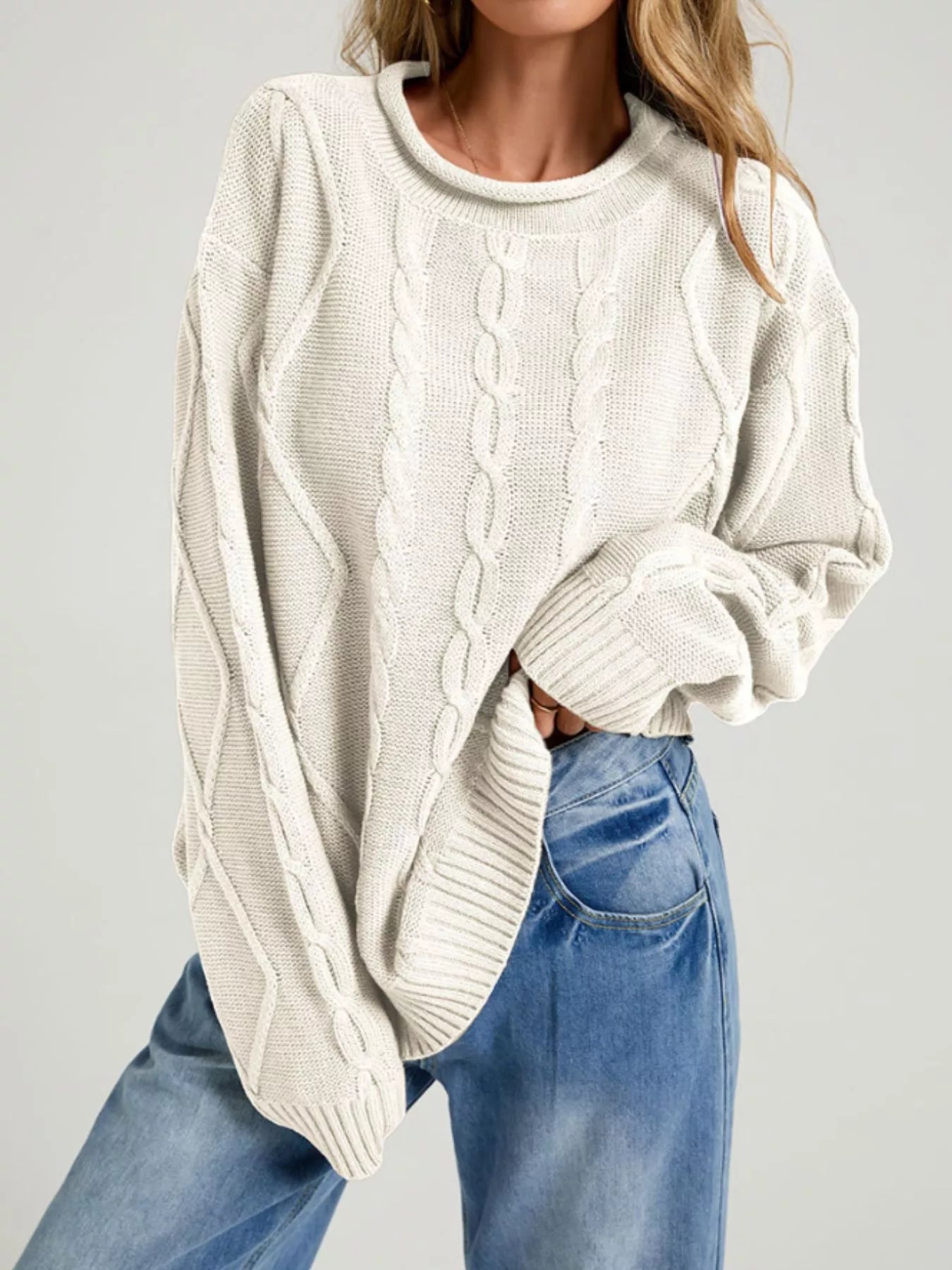 Trendsi Cable Knit Ribbed Hem Sweater -