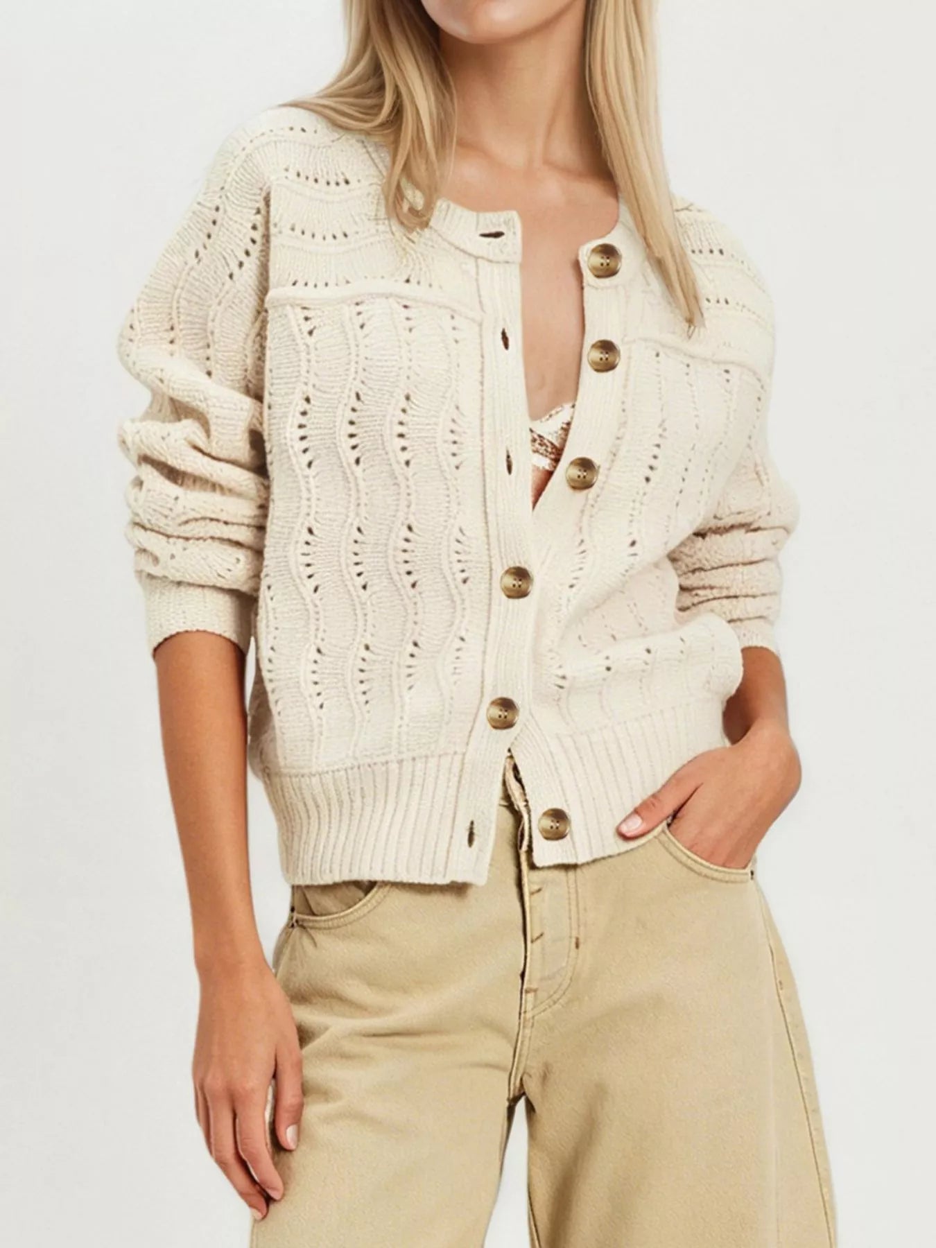 Trendsi Openwork Button-Down Knit Cardigan -
