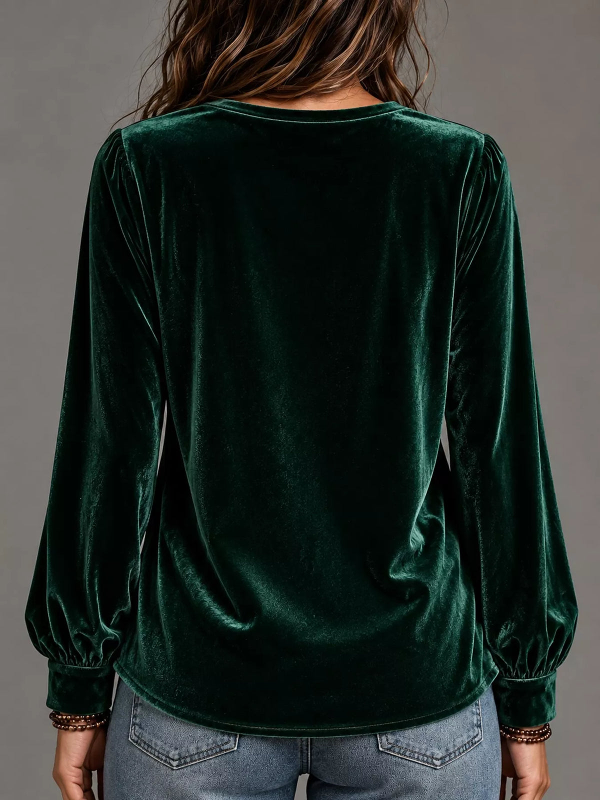 Dark green front bow-tie V-neck top, back view