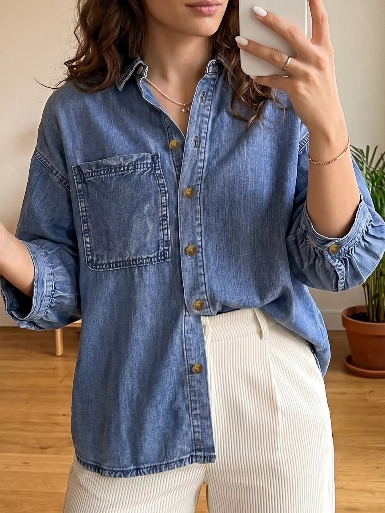 Trendsi Three Quarter Sleeve Button Front Loose Denim Shirt -
