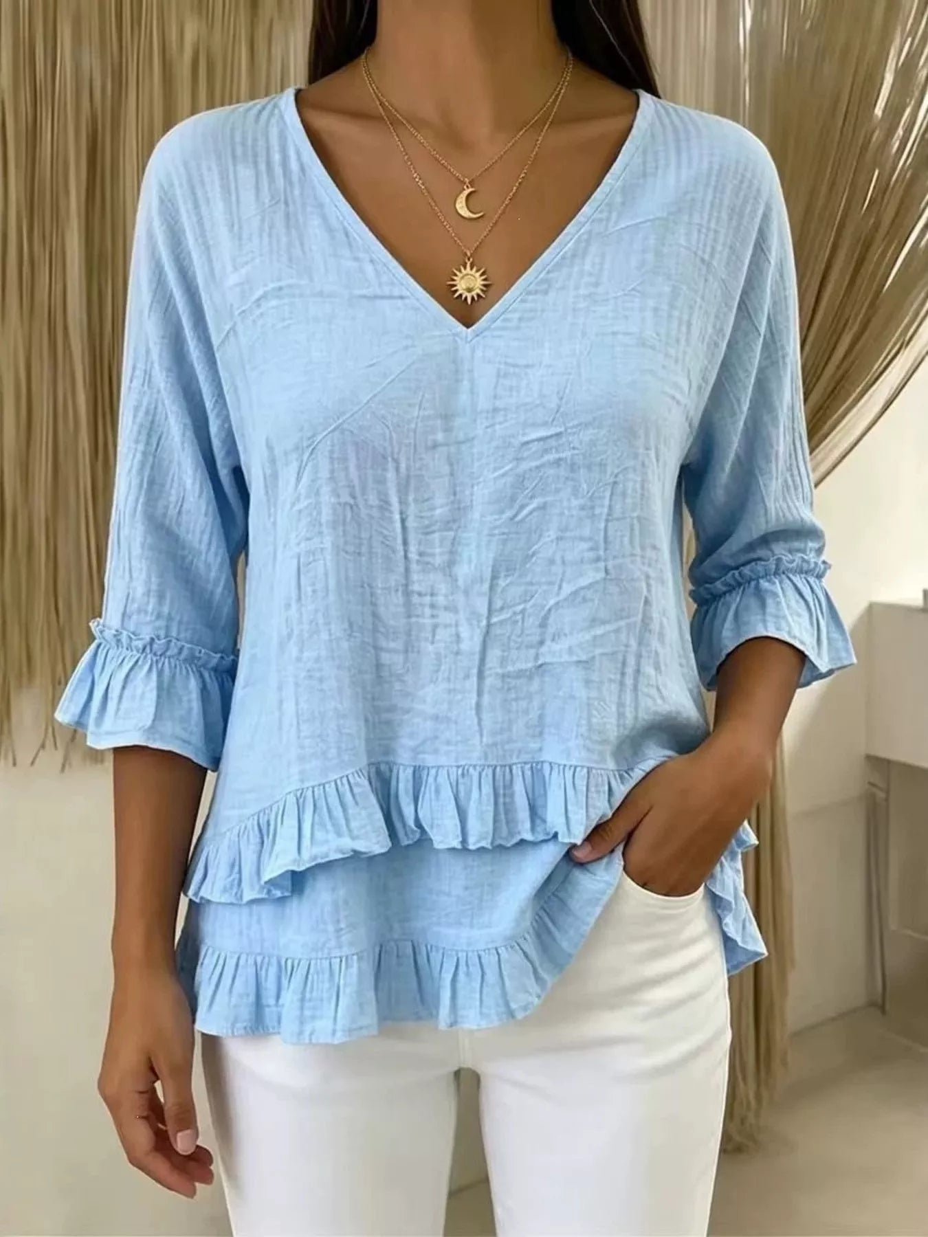 Trendsi V-Neck Ruffle Sleeve Top -