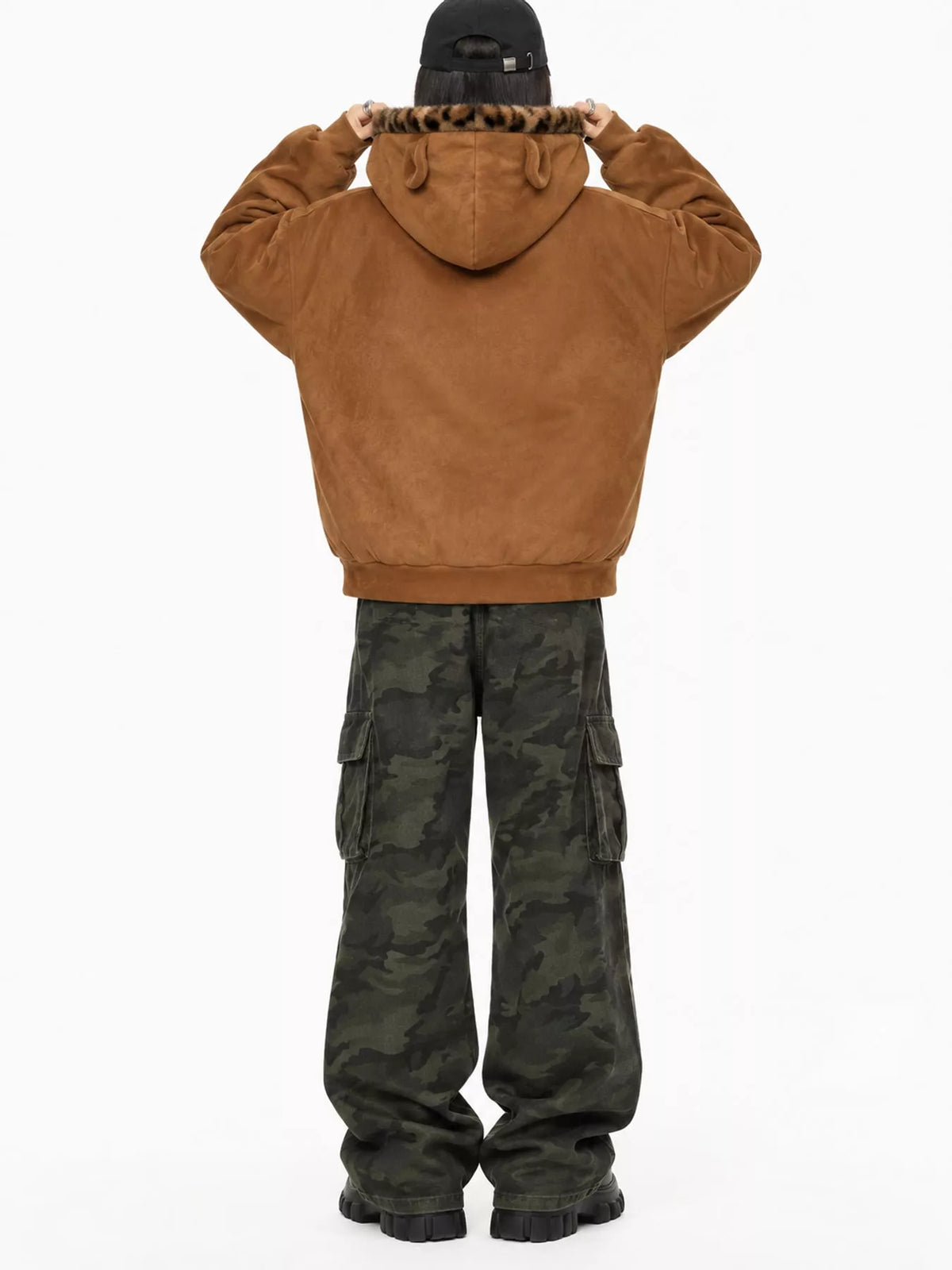 Leopard-Trim Faux Fur Hooded Zip-Up Jacket in caramel, back view